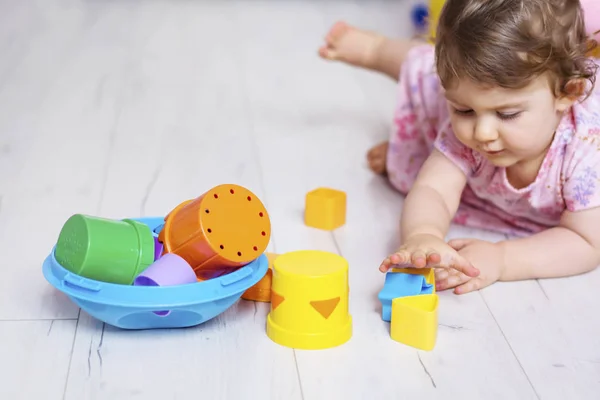 Baby Girl Playing Colorful Educational Toy — Stok fotoğraf