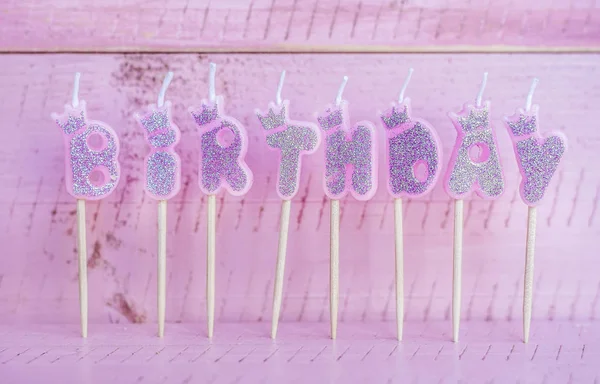 Pink Birthday Candles Pink Wooden Background Happy Birthday Concept — Stock Photo, Image