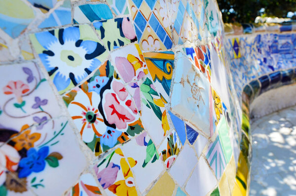Details of a Colorful Ceramic Bench at Parc Guell Designed by Antoni Gaudi, Barcelona, Spain.