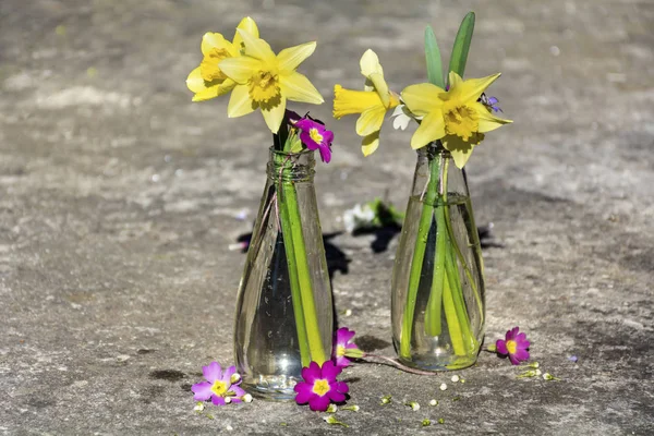 Bukett Narcisser Blommor Vas Blå Trä Bakgrund — Stockfoto