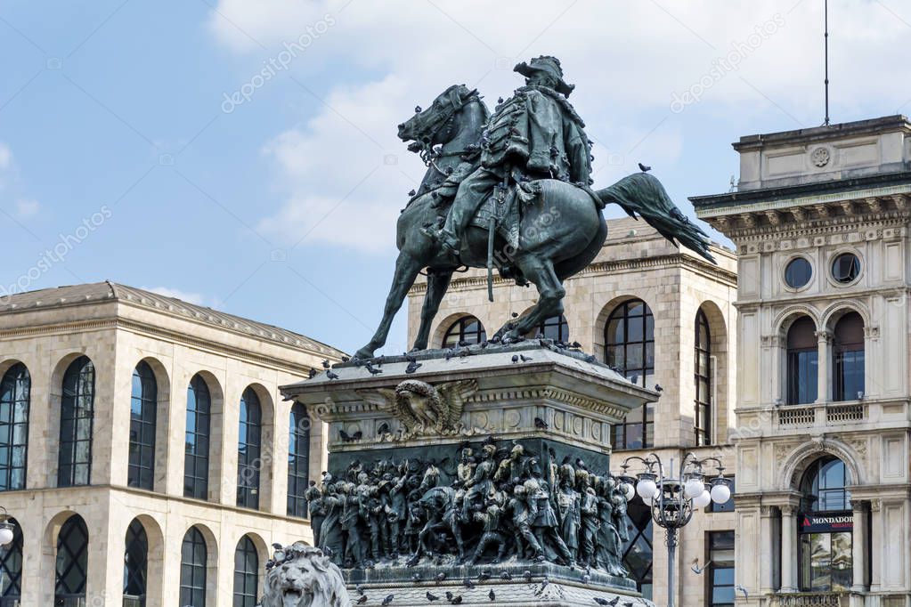 Milan, Italy - June 29, 2018: Equestrian Statue of King Vittorio Emanuel II at Piazza del Duomo in Milan,North of Italy 