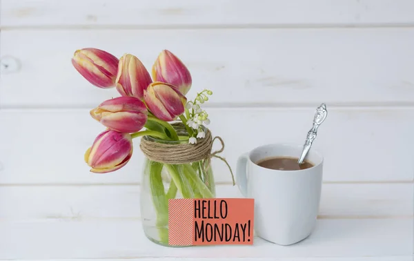 Cup Aromatic Coffee Tulips Flowers Hello Monday Message — Stock Photo, Image