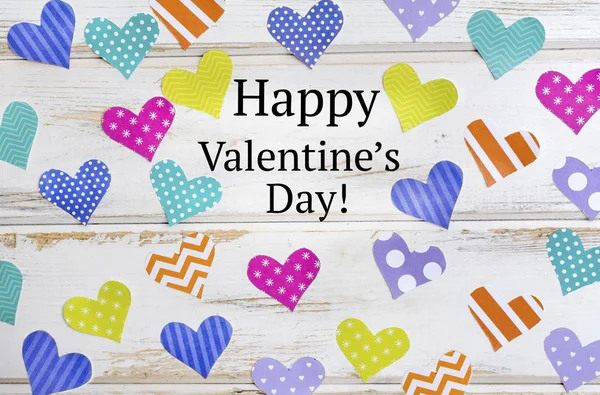 Happy Valentine Day Greeting Card Colorful Paper Hearts White Wooden — Stock Photo, Image