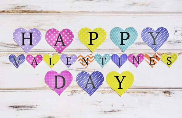 Happy Valentine Day Greeting Card Colorful Paper Hearts White Wooden — Stock Photo, Image