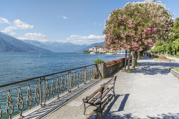 Promenade with Benches and Flowers  in Bardolino, Italy, Garda Lake.Lago di Garda 