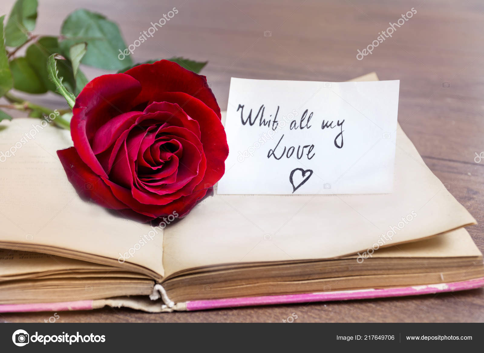 Red Rose Message Card Open Book Valentines Day Background — Stock Photo