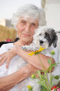 Güzel mutlu kadın onun sevimli Havanese köpek açık yaz Mountain.Woman ve köpek birlikte seyahat sarılma kıdemli