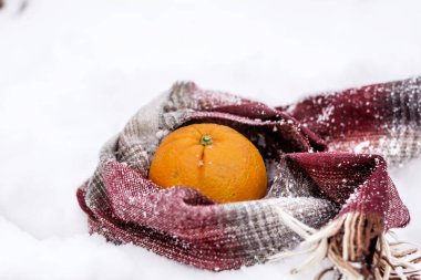 turuncu meyve karda bir atkı sarılı. Kış saati