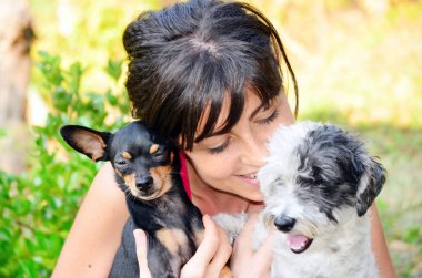 güzel kız iki küçük köpek sarılma