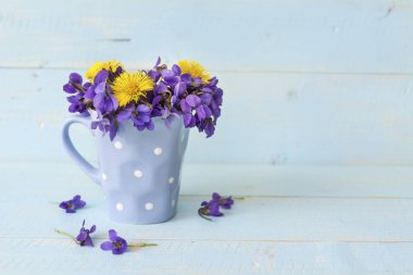 Şirin çiçekler çiçeği renkli tencerede