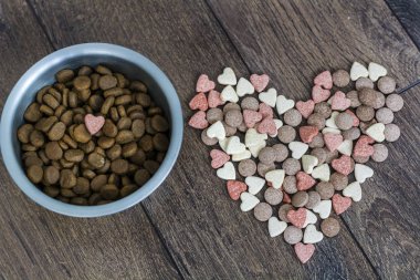 dry dog food in bowl and vitamins for healthy  dog treats  clipart