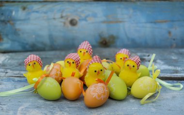 renkli Paskalya yumurta ve tavukpollos y coloridos huevos de Pascua