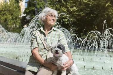 Güzel kadın kıdemli onun sevimli köpek parkta sarılma