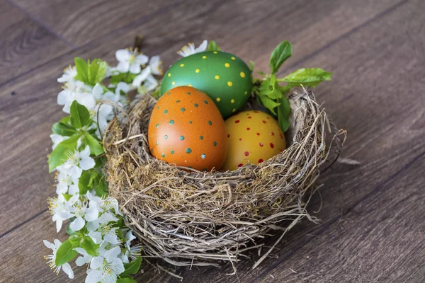 Easter Eggs Real Nest Cherry Blossoms Wooden Background Easter Decoration — Stock Photo, Image