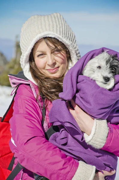 Beautiful Woman Hugging Her Cute Dog Winter Forest Pet Owner — Stock Photo, Image