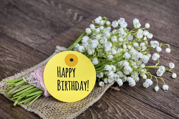 Lírio Vale Flores Vaso Com Mensagem Aniversário Feliz — Fotografia de Stock