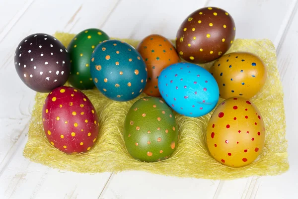 Easter Eggs Basket Wooden Background Easter Decoration — Stock Photo, Image