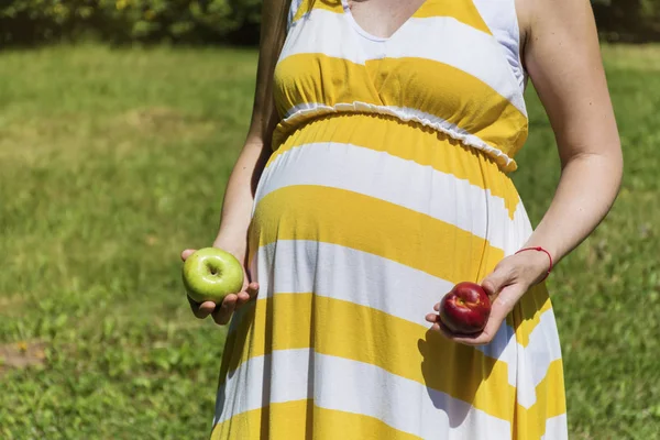 Беременная Женщина Держит Свежее Зеленое Яблоко — стоковое фото