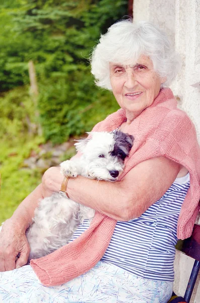 Beautiful Happy Senior Woman Hugging Her Cute Havanese Dog Outdoor — Stock Photo, Image