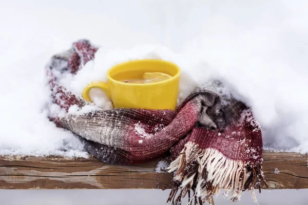 Чашка Чая Лимонным Ломтиком Завернутая Вязаный Шарф Снегу — стоковое фото