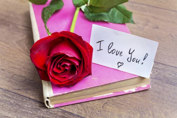 Red Rose Message Card Pink Book Valentines Day Background — Stock Photo, Image