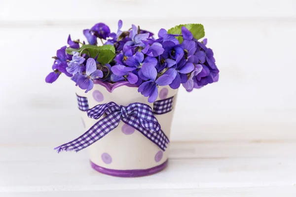Belo Buquê Violetas Roxas Pequeno Vaso Com Pontos Fita Fundo — Fotografia de Stock