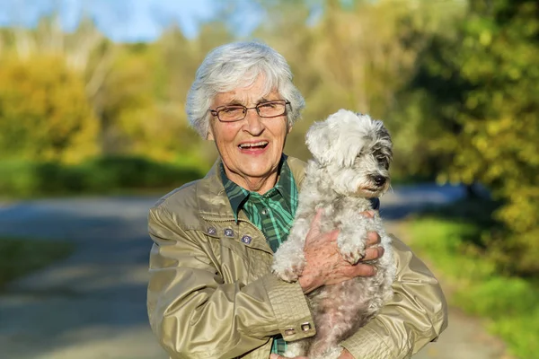 Beautiful Senior Woman Hugging Her Cute Dog Autumn Park — Stock Photo, Image