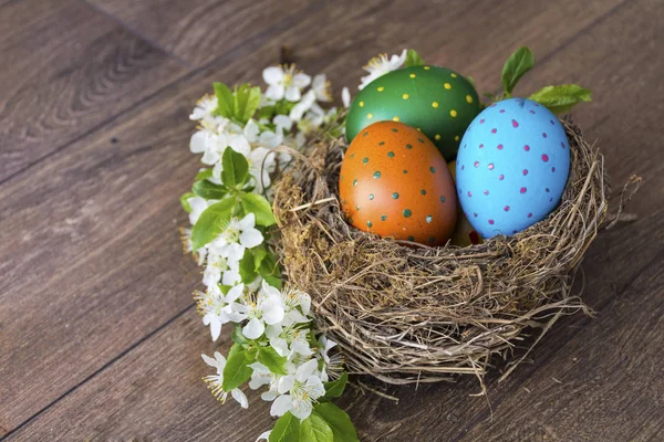 Easter Eggs Real Nest Cherry Blossoms Wooden Background Easter Decoration — Stock Photo, Image