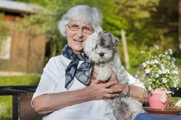 Happy Smiling Senior Woman Abrazando Poodle Dog Parque Primavera — Foto de Stock