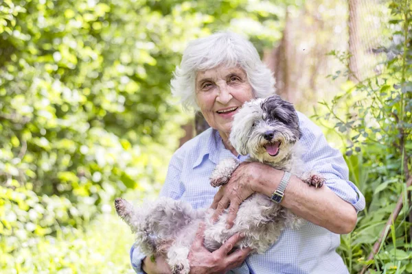 Beautiful Happy Senior Woman Hugging Her Cute Havanese Dog Outdoor — Stock Photo, Image