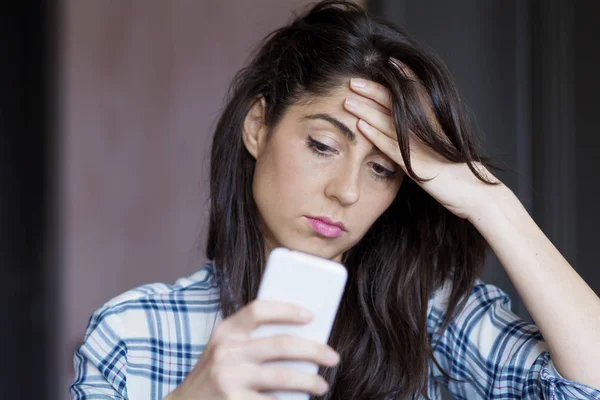 Young Depressed Woman Home Phone Hand — Stock Photo, Image