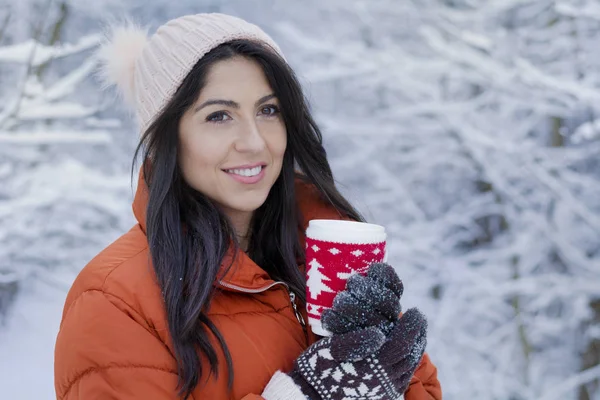Beautiful Woman Drinking Hot Tea Winter Mountain Winter Vacation — Stock Photo, Image