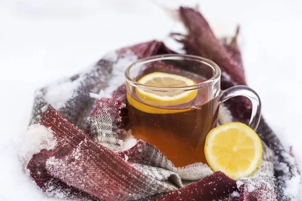 Mug Tea Lemon Slice Wrapped Knitted Scarf Snow — Stock Photo, Image