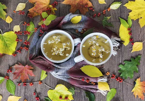 Herbstblätter Und Zwei Tassen Tee Morgendliches Stilllebenskonzept — Stockfoto