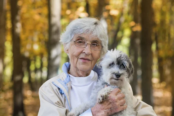 高龄妇女与灰色的头发抱着可爱的狗的肖像 — 图库照片
