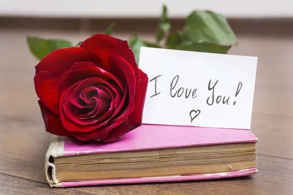 Cute rose on pink book with lettering. Valentine\'s Day concept.