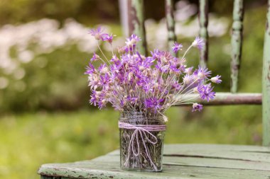 ahşap sandalye üzerinde bir kavanoza güzel pembe çiçekler Buket