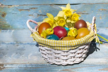 renkli Paskalya sepeti mavi ahşap arka plan üzerinde nd tavuklarda yumurta. Paskalya dekorasyon