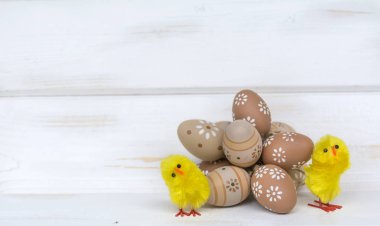 Paskalya yumurtaları ve beyaz ahşap zemin üzerine sarı tavuk