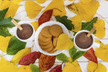 Kurabiye ve sonbahar yaprakları ile sıcak çikolata