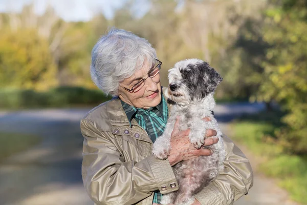 Hermosa Mujer Mayor Abrazando Lindo Perro Parque Otoño — Foto de Stock