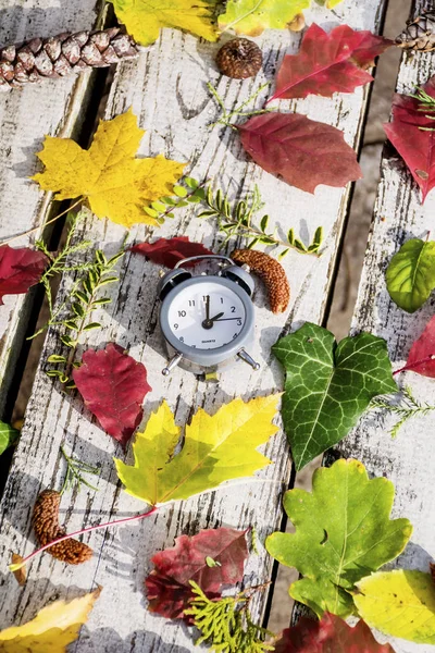 Fall Back Time - Daylight Savings End - Return To Winter Time.Autumn leaves and vintage clock on a wooden background