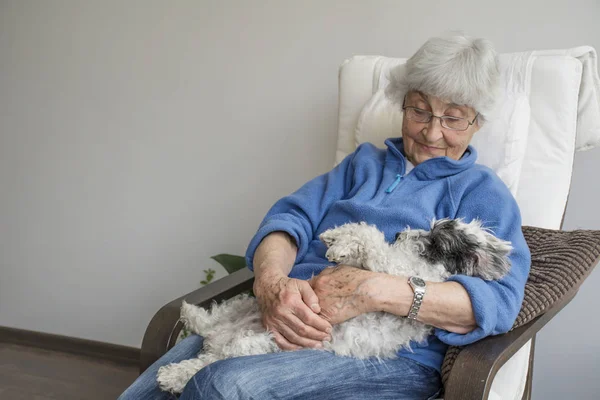 Senior Woman Abrazando Poodle Dog Casa — Foto de Stock