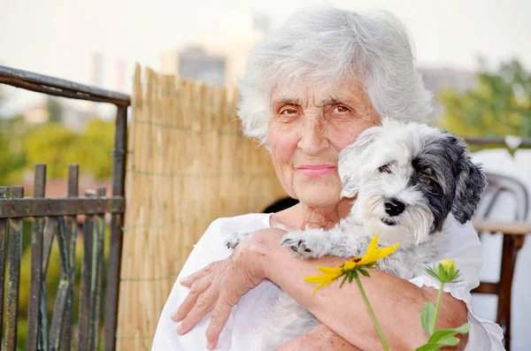 Beautiful Happy Senior Woman Hugging her Cute Havanese Dog Outdoor in the Summer Mountain.Woman and Dog Traveling Together