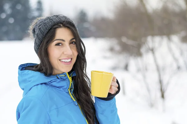 Beautiful Woman Drinking Hot Tea Winter Park — Stock Photo, Image
