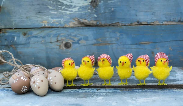 Huevos Pascua Conejo Sobre Fondo Madera Azul Decoración Pascua —  Fotos de Stock