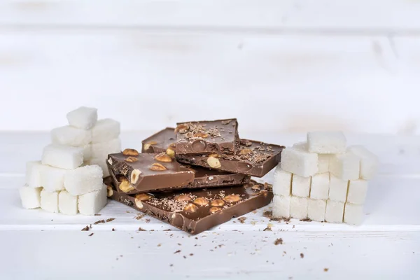 Trozos Chocolate Azúcar Blanca Las Calorías Chocolate Son Extra Engorde —  Fotos de Stock