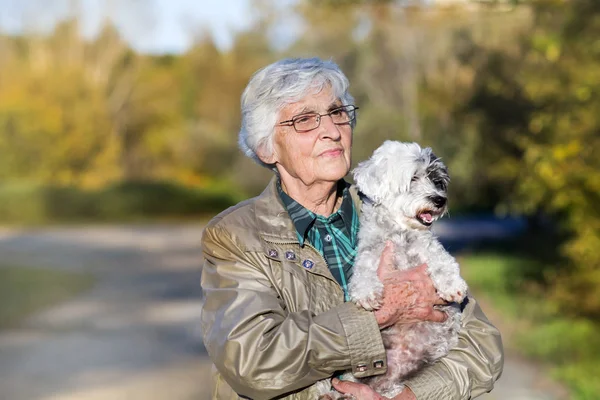 Beautiful Senior Woman Hugging Her Cute Dog Autumn Park — Stock Photo, Image