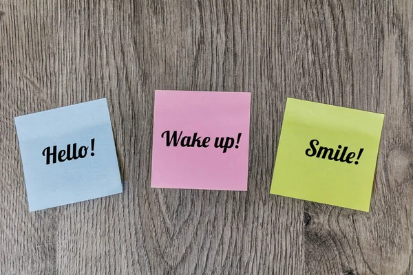 Hello Wake Smile Sticky Notes Pasted Wooden Background — стоковое фото