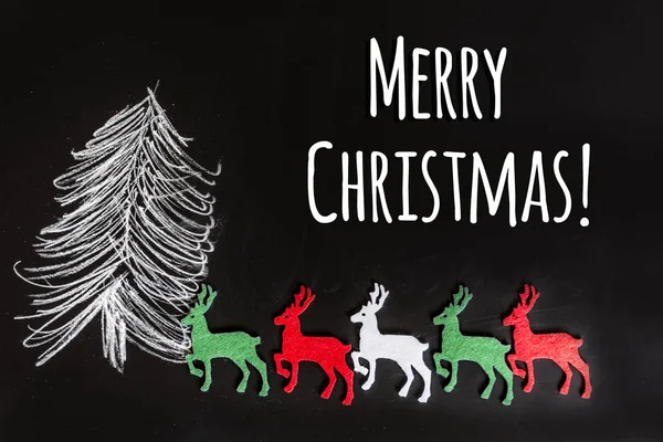 Christmas Tree Drawing and Deers on Black Chalkboard